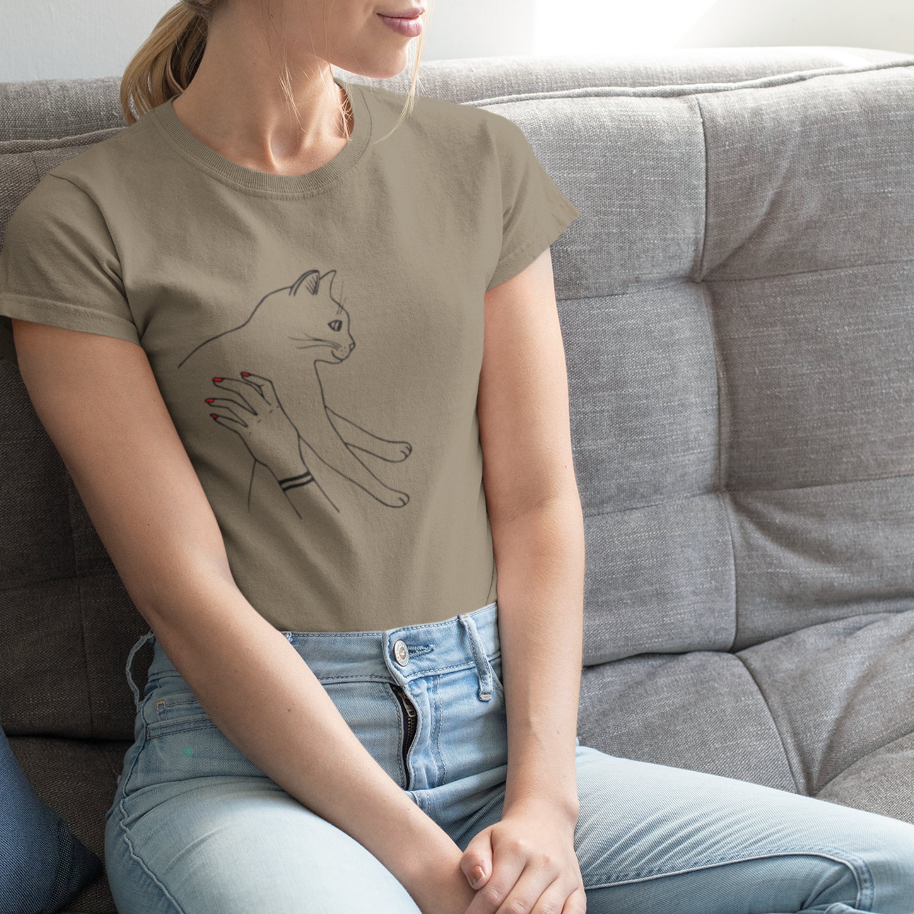 Khaki UNISEX tričko „Mačka“