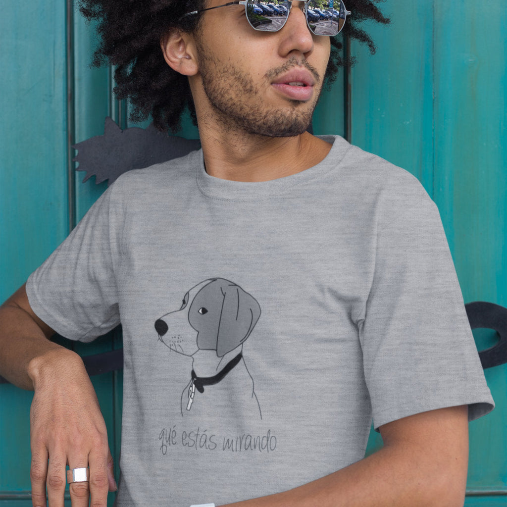 Šedé melírované tričko „Why are you staring at me?“