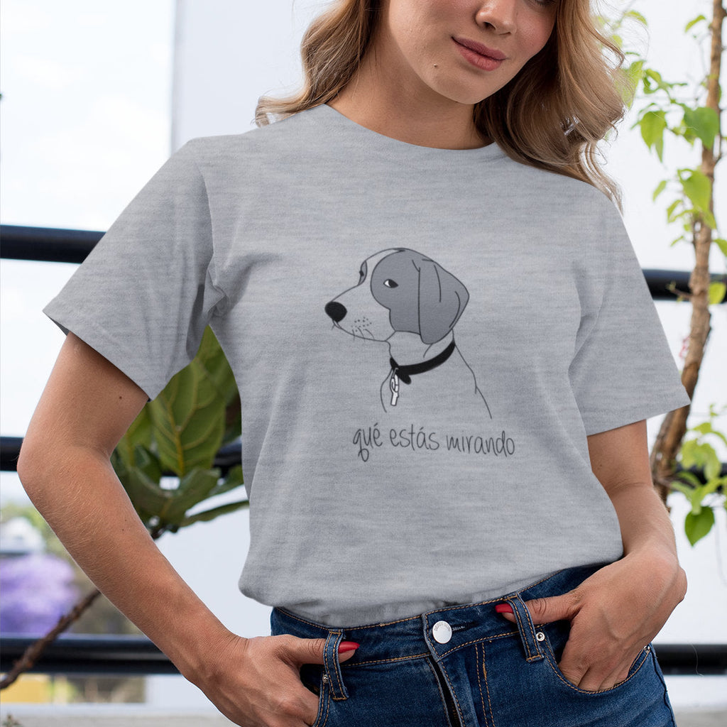 Šedé melírované tričko „Why are you staring at me?“