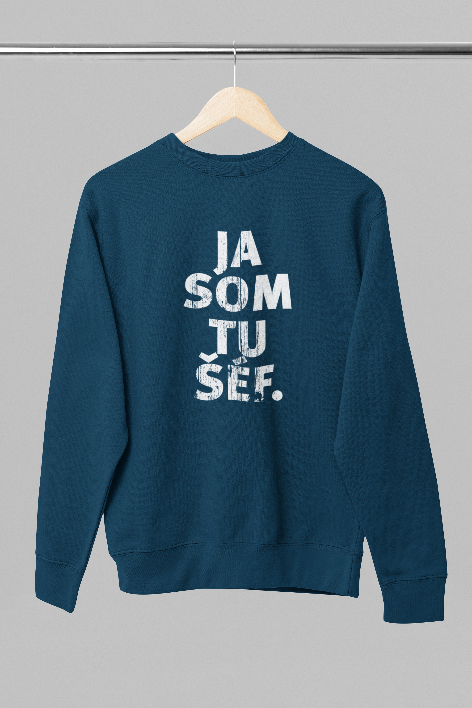 Tmavomodrá unisex mikina bez kapucne "Ja som tu šéf"